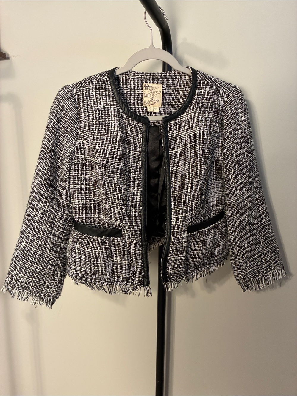 Anthro Tulle Blazer Black & White Tweed Fringe Jacket Faux Leather Trim Small